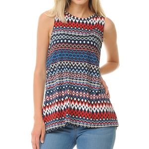 Red & Blue Pattern Print Back Criss-Cross Top
